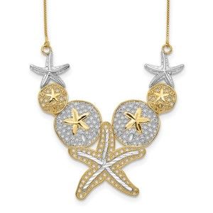 14k Yellow Gold & Rhodium Diamond-cut Starfish and Sand Dollar Charm Necklace